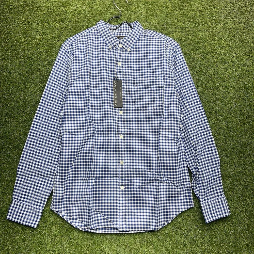Banana Republic Dress Shirt Mens Medium Grant-Fit Luxe Blue Gingham Button NWT